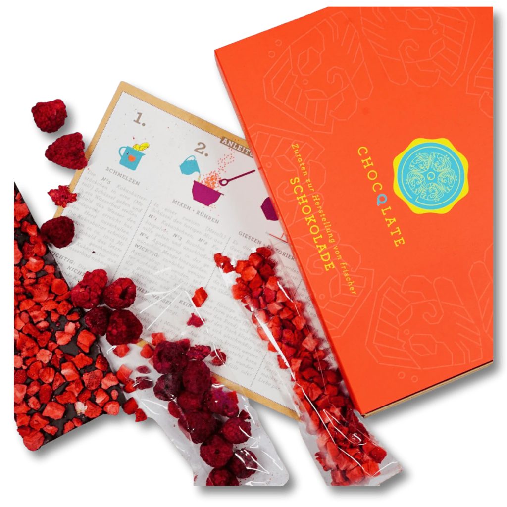 SCHOKOLADE SELBER MACHEN – SET ROT MIT FORM, HIMBEEREN UND ERDBEEREN