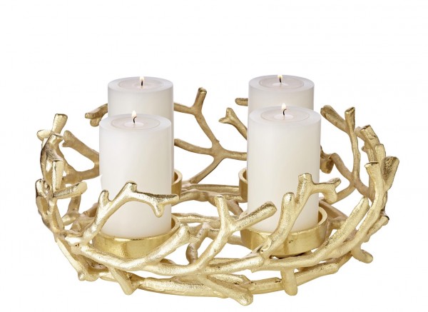 Adventskranz Porus Gold, Geweih-Design, Aluminium vernickel, Durchmesser 30 cm_1 Adventskranz Porus Gold, Geweih-Design, Aluminium vernickel, Durchmesser 30 cm, für Kerzen ø 6 cm